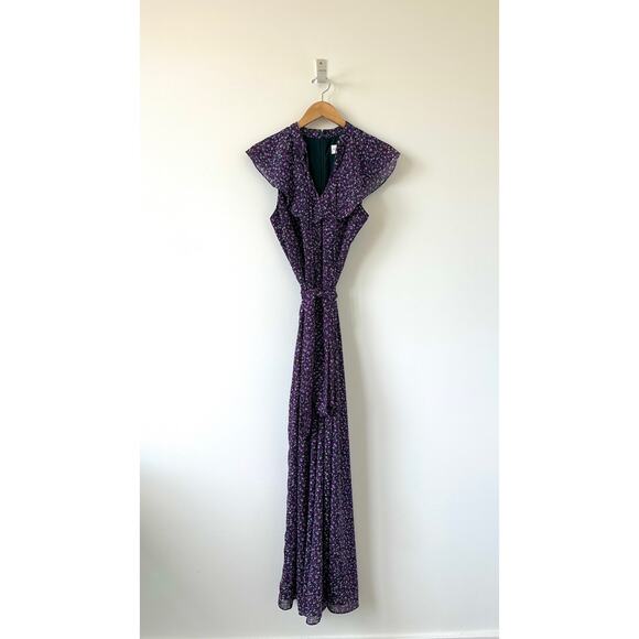Mikael Aghal Belted Ruffled Floral Jumpsuit in Purple Size 6 - Picture 4 of 12